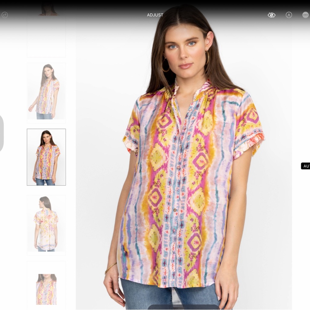Johnny Was silk tunic short sleeve with ruffle detail at sleeve and neck size XL